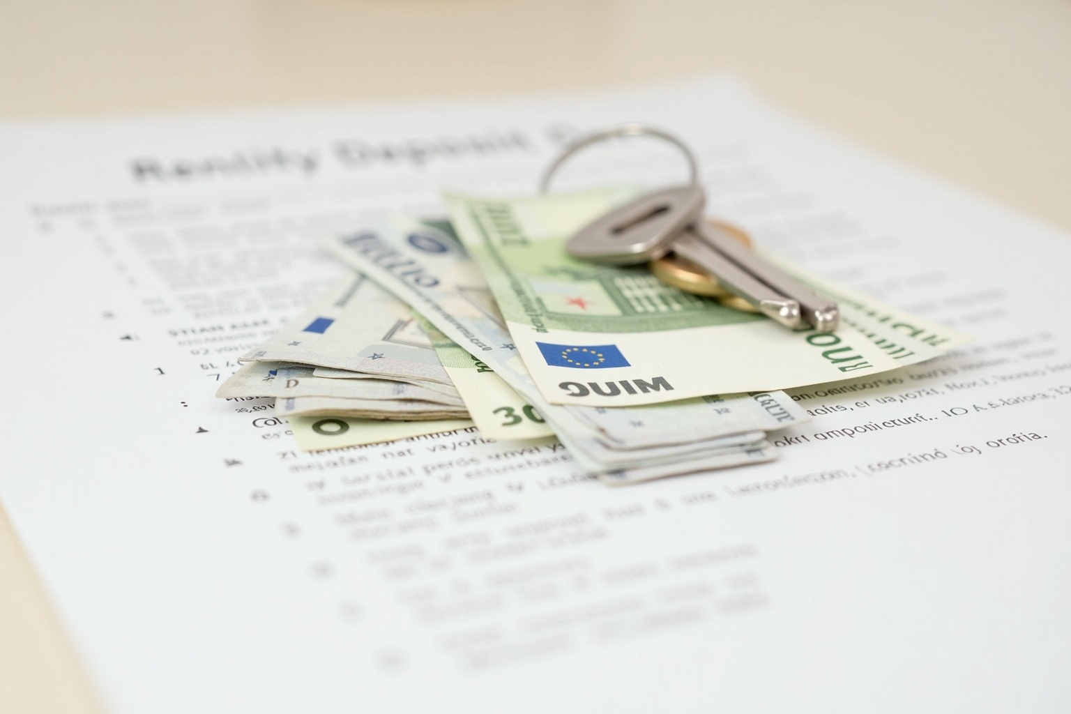 Sparschwein neben Wohnungsschlüssel und Mietvertrag auf einem Schreibtisch