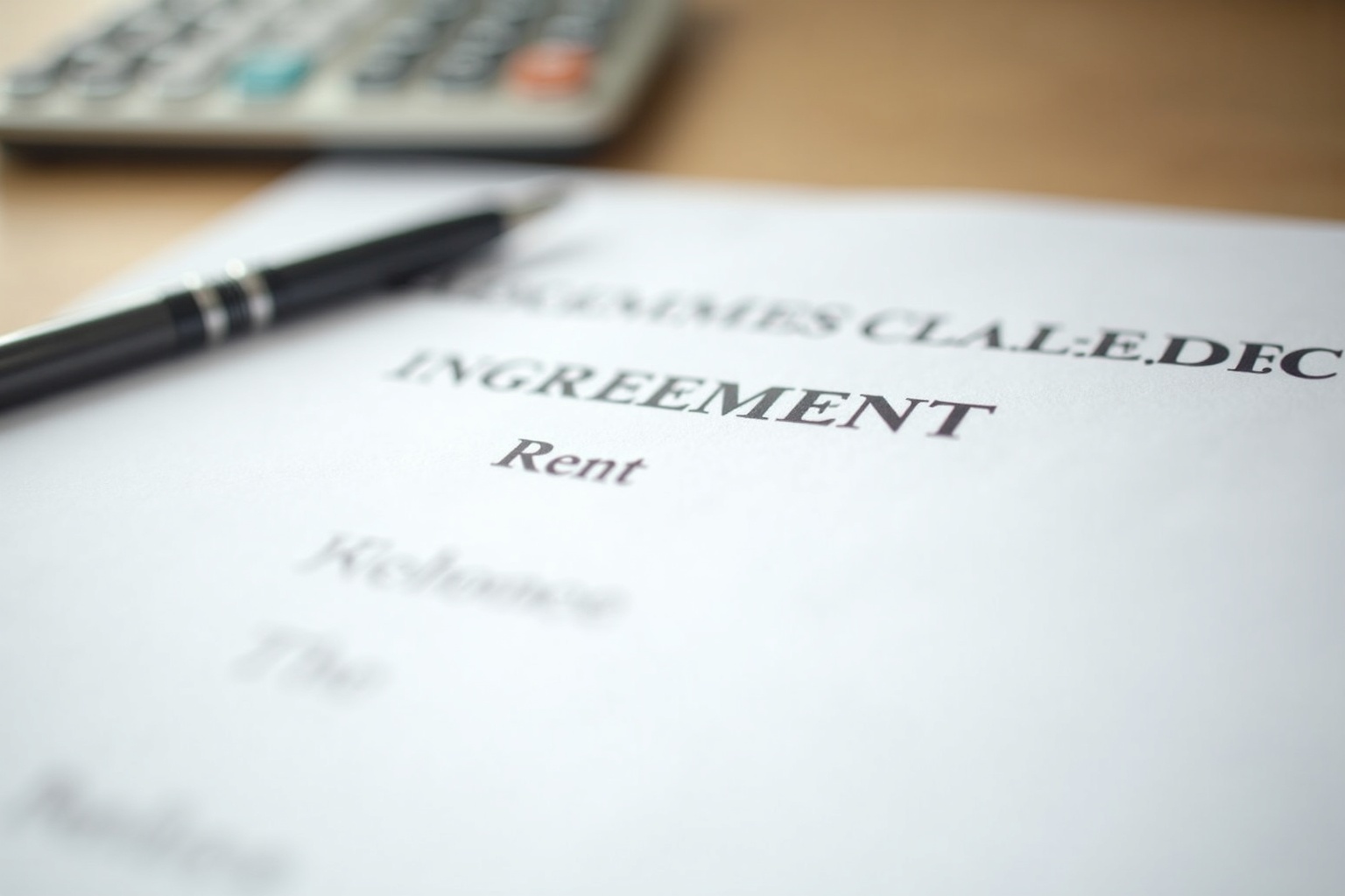 Mietvertrag mit Stiften und Taschenrechner auf einem Schreibtisch