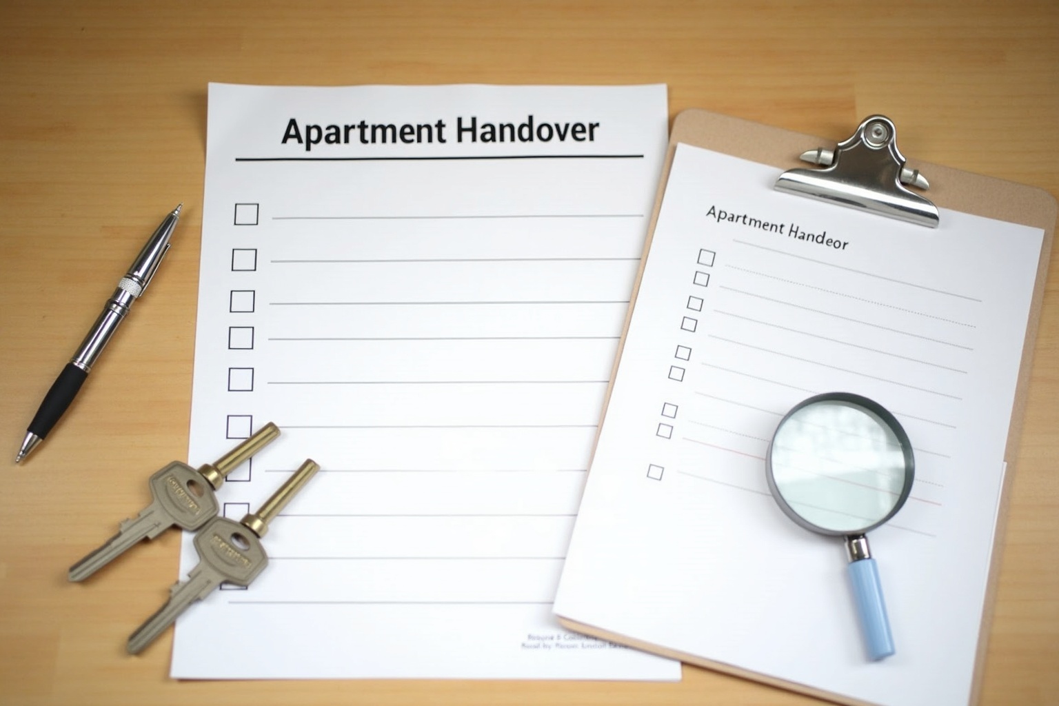 Vermieter und Mieter bei der Wohnungsübergabe mit Klemmbrett